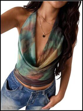 Y2K Cowl Neck Halter Crop Top Tie Dye Mesh Sleeveless Ruched Club Top